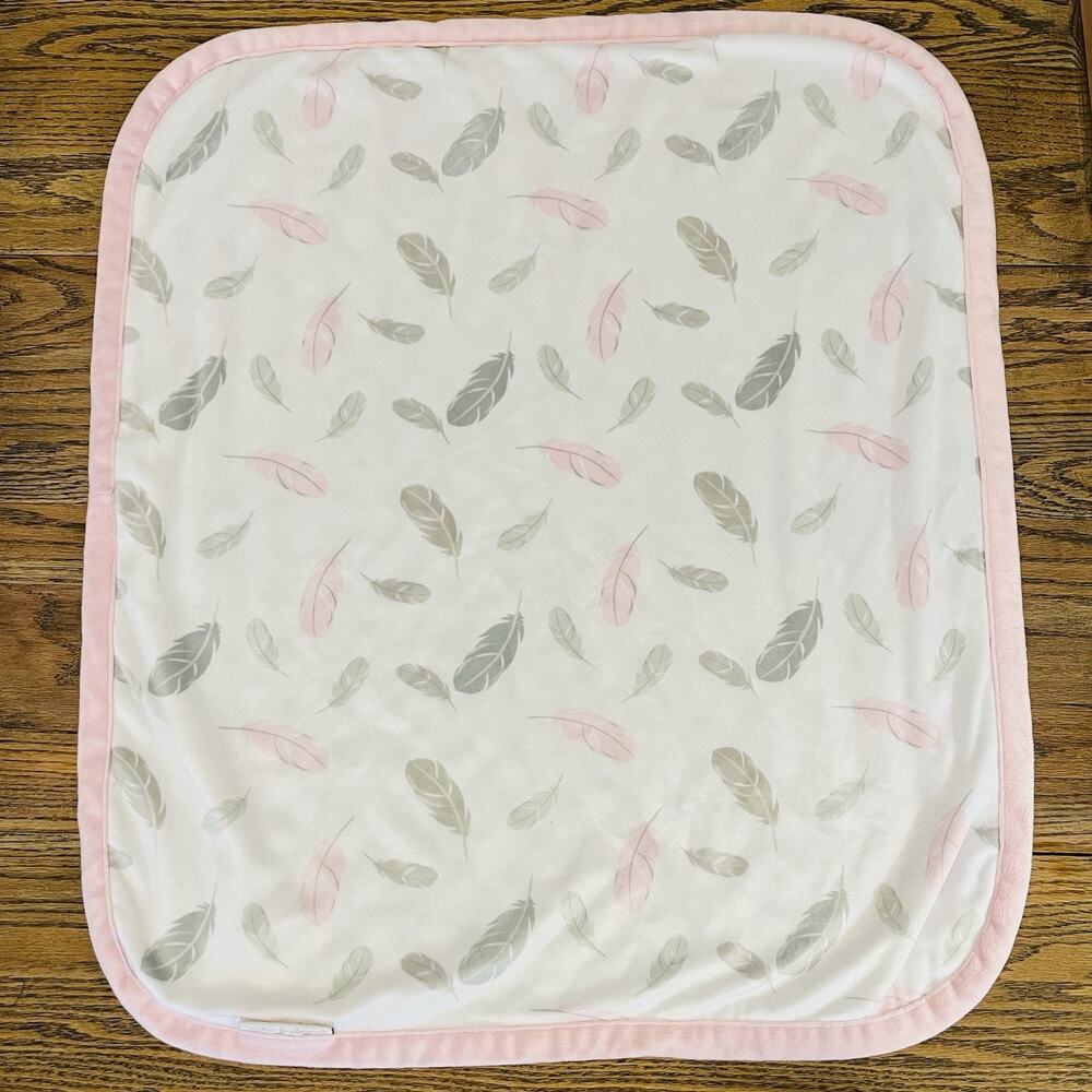 BLANKETS & BEYOND Pink Gray Feathers Leaves Baby Blanket Soft White 28x32” Plush